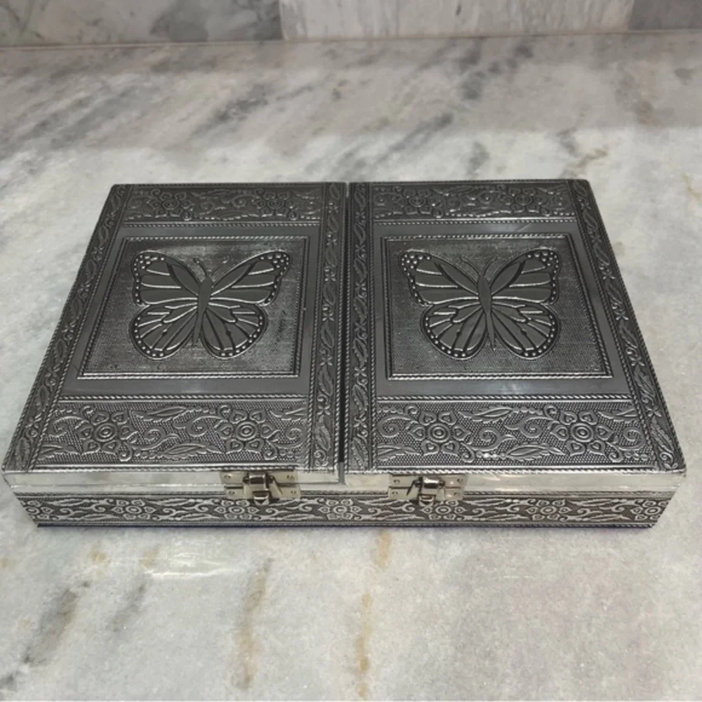 Handcrafted Aluminum Oxidized Butterfly Jewelry Box with Royal Blue Inte…